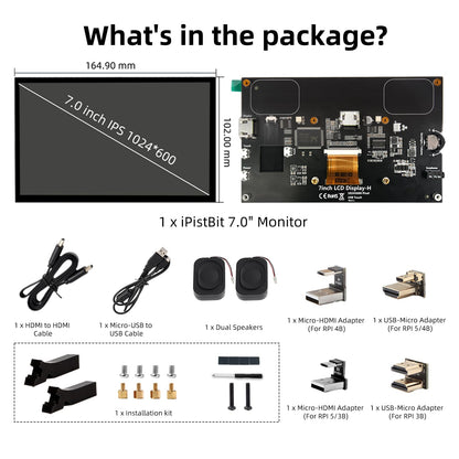 iPistBit Raspberry Pi Screen, 7 Inch Touchscreen Monitor, IPS 1024×600, Dual Built-in Speakers, HDMI Portable Monitor Compatible with Raspberry Pi 5/Pi 4B/3B+/3B, BB Black, Win11/10/8/7, Driver Free