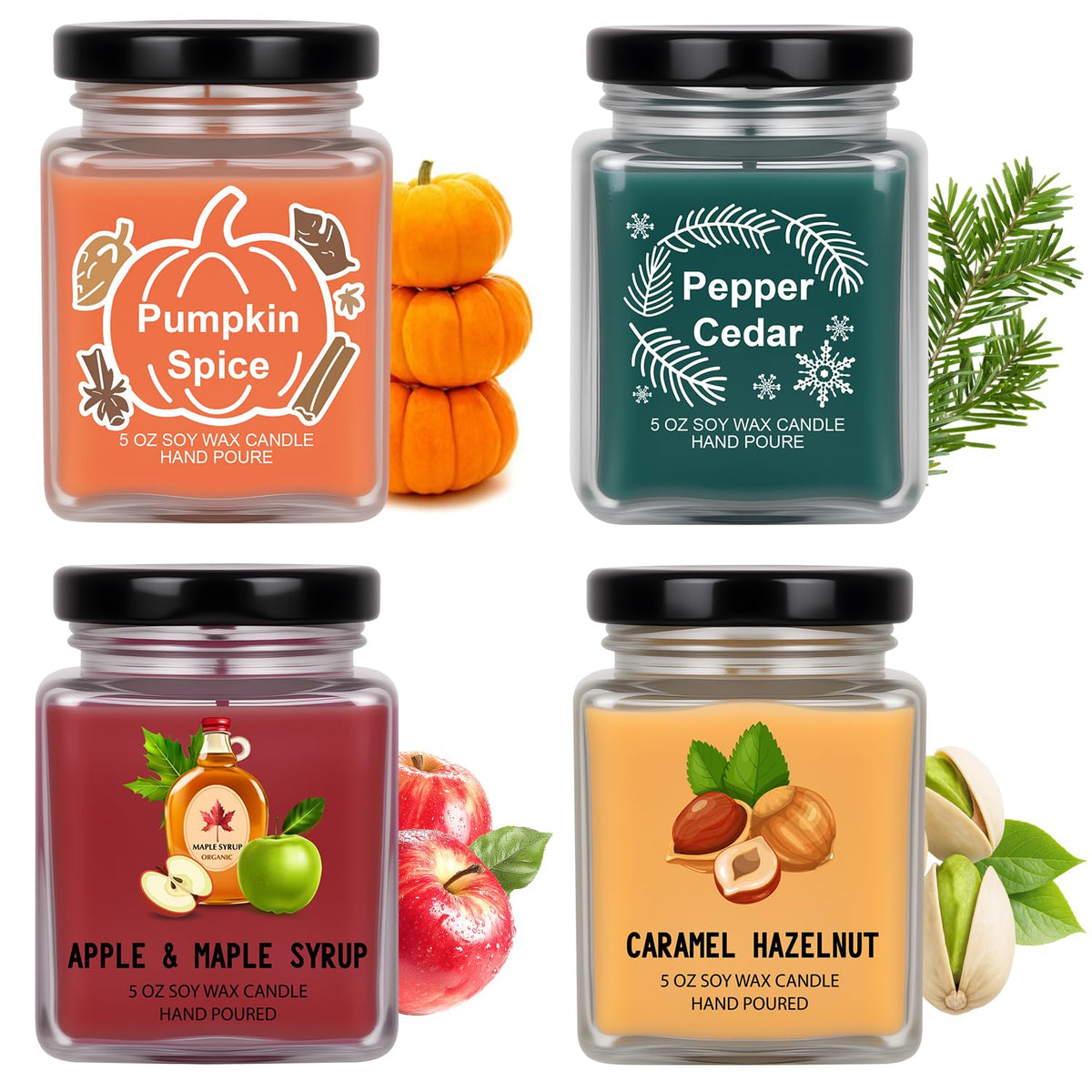 Scented Candles 4 Pack Soy Candles Set for Women Gift | Holiday Gift for Home Decor, Holiday Candle Home Decor - Pumpkin Spice, Apple Maple Syrup, Caramel Hazelnut, Pepper Cedar