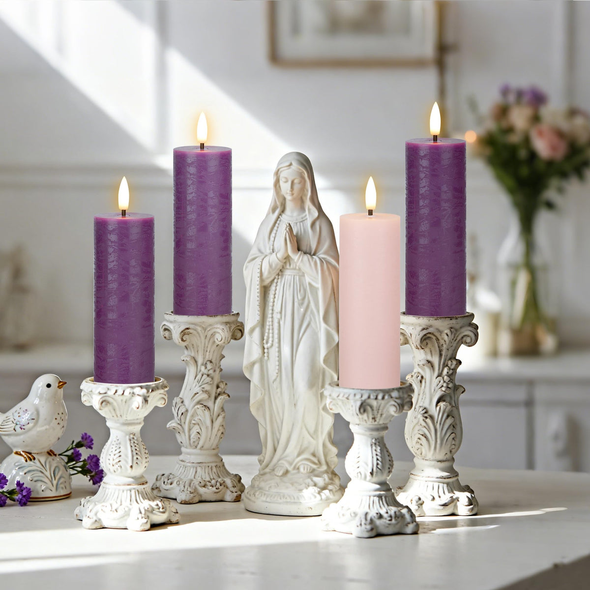 AFINETH Flameless Advent Candles Set of 4, Real Wax Advent Pillar Candles Battery Operated 9.6", Purple and Pink Christmas LED Candle for Wreath, Christ, Home, Church, Catholic Decoration