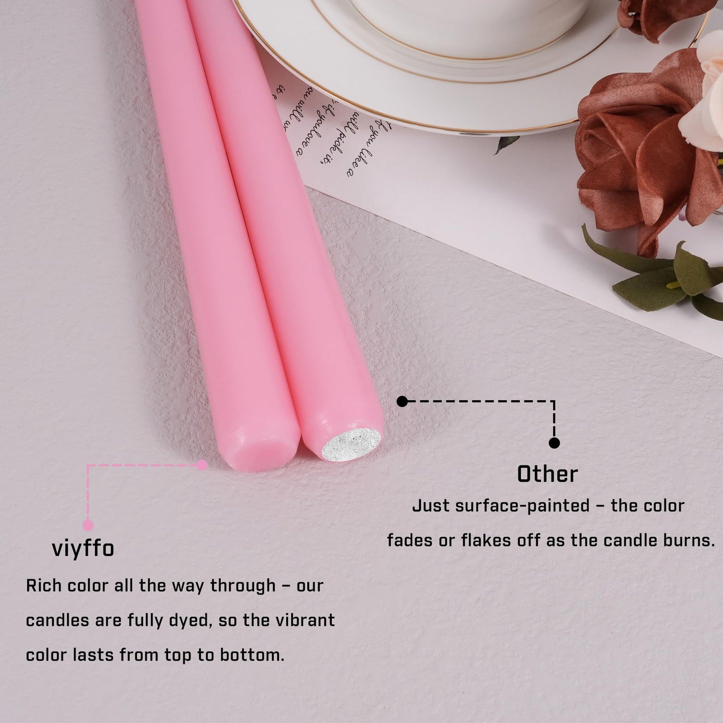 Viyffo Taper Candles, 10 Inch, 12 Pack, Cheery Bloom Pink – Unscented, Dripless & Smokeless Design, Up to 8 Hour Burn – Long Tall Taper Candlesticks for Wedding, Dinner & Home Decor