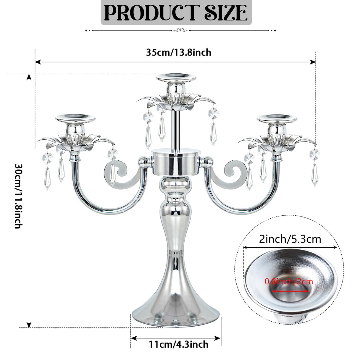 KEHAIL Metal 3 Arm Taper Candlestick Stand with Crystal Pendants - 11.8 Inch Tall Candle Holders, Elegant Centerpieces Candelabra for Wedding, Dining Table, Christmas Party (6Pcs, Silver)
