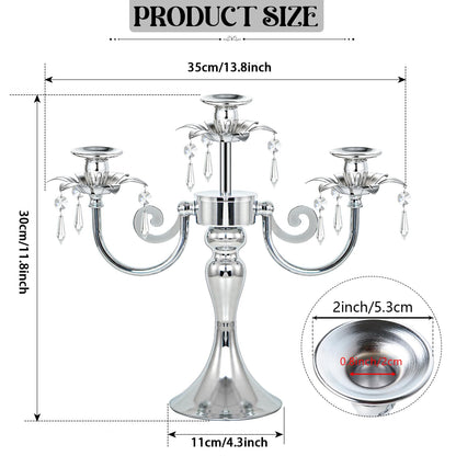 KEHAIL Metal 3 Arm Taper Candlestick Stand with Crystal Pendants - 11.8 Inch Tall Candle Holders, Elegant Centerpieces Candelabra for Wedding, Dining Table, Christmas Party (6Pcs, Silver)