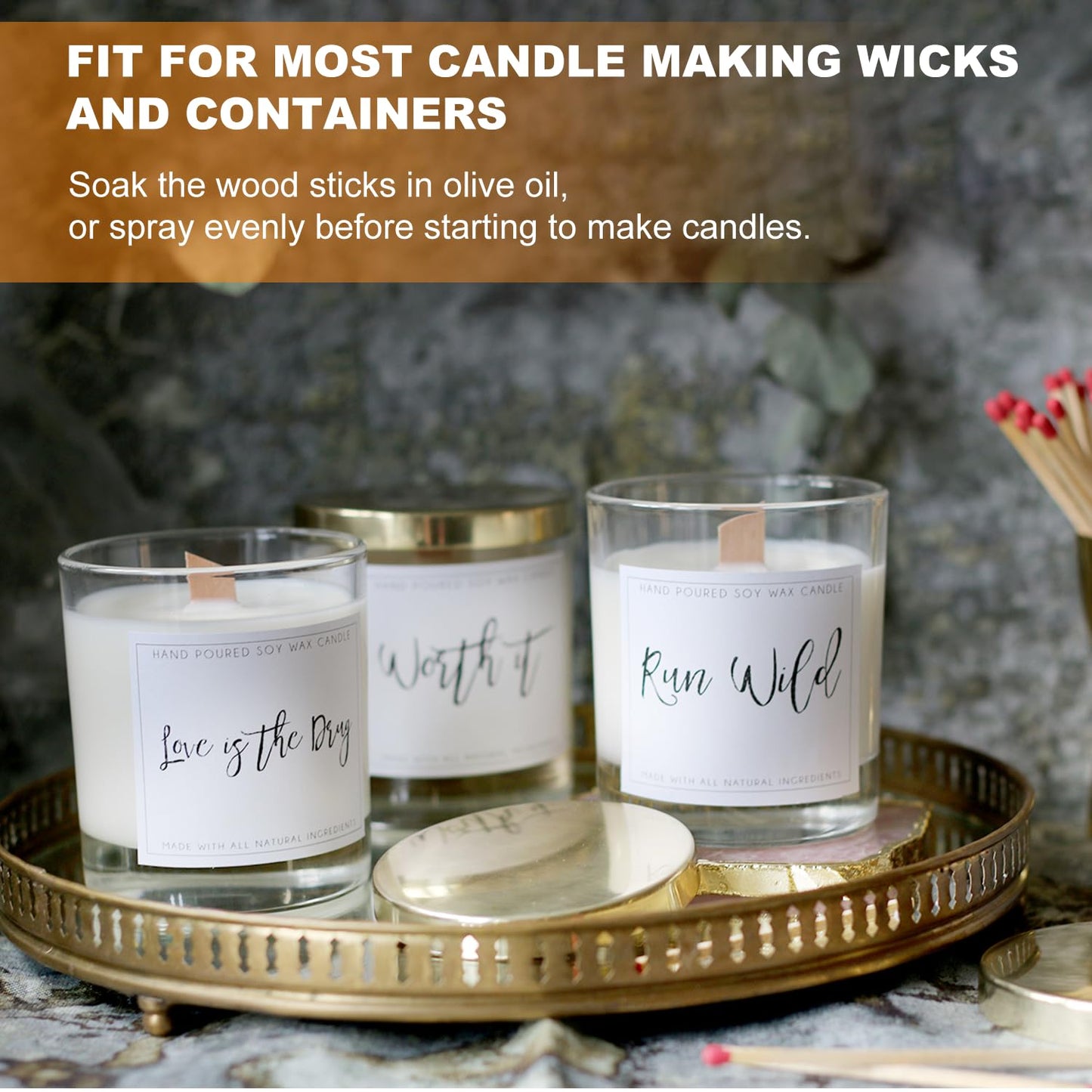 Wood Wicks for Candles Making with Case, Wooden Wicks for Candlemaking 5.1 X 0.5 Inch Smokeless Long Lasting Flame Natural Wood Candle Wick with Candle Wick Trimmer, Metal Base for DIY Candle(50 Sets)