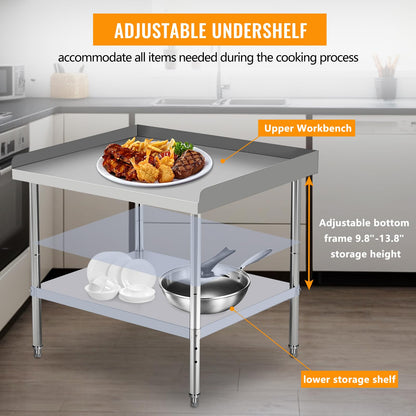 36"x28"x30" Stainless Steel Grill Stand Table, NSF Certified, 400 lbs Capacity, Adjustable Legs, 3-Sided 2" Edge Baffle for Kitchen, Restaurant, Hotel
