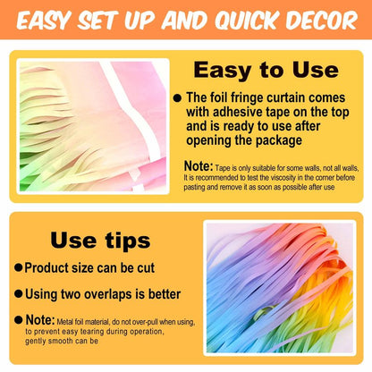 6 Pack Light Rainbow Foil Fringe Curtains Backdrop, 3.28 x 8.2 Ft Metallic Streamers Tinsel Curtains Background for Photo Booth, Birthday, Christmas, Halloween, New Year Party Decorations