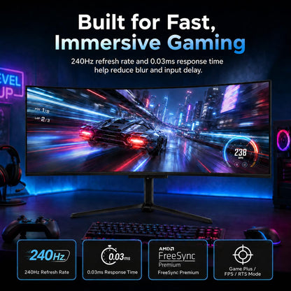 Deco Gear 49" QD-OLED 240Hz Curved Ultrawide Gaming Monitor - 5120×1440 DQHD, 32:9 Dual-QHD Display, 0.03 ms Response, HDR400 True Black, 90W USB-C, KVM, Adaptive Sync, RGB Lighting
