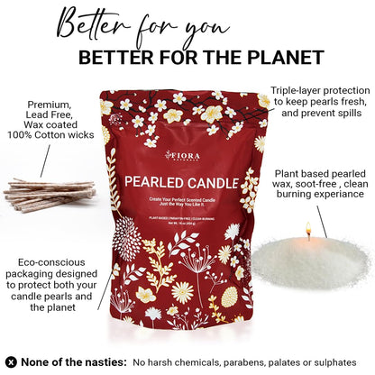 Fiora Naturals Pearled Candle Sand with Wicks – 1 Lb Sand Wax Beads & 20 Cotton Wicks – DIY Refillable Candle Making Kit, Long-Lasting, Smoke-Free, Clean Burning Snow Candles