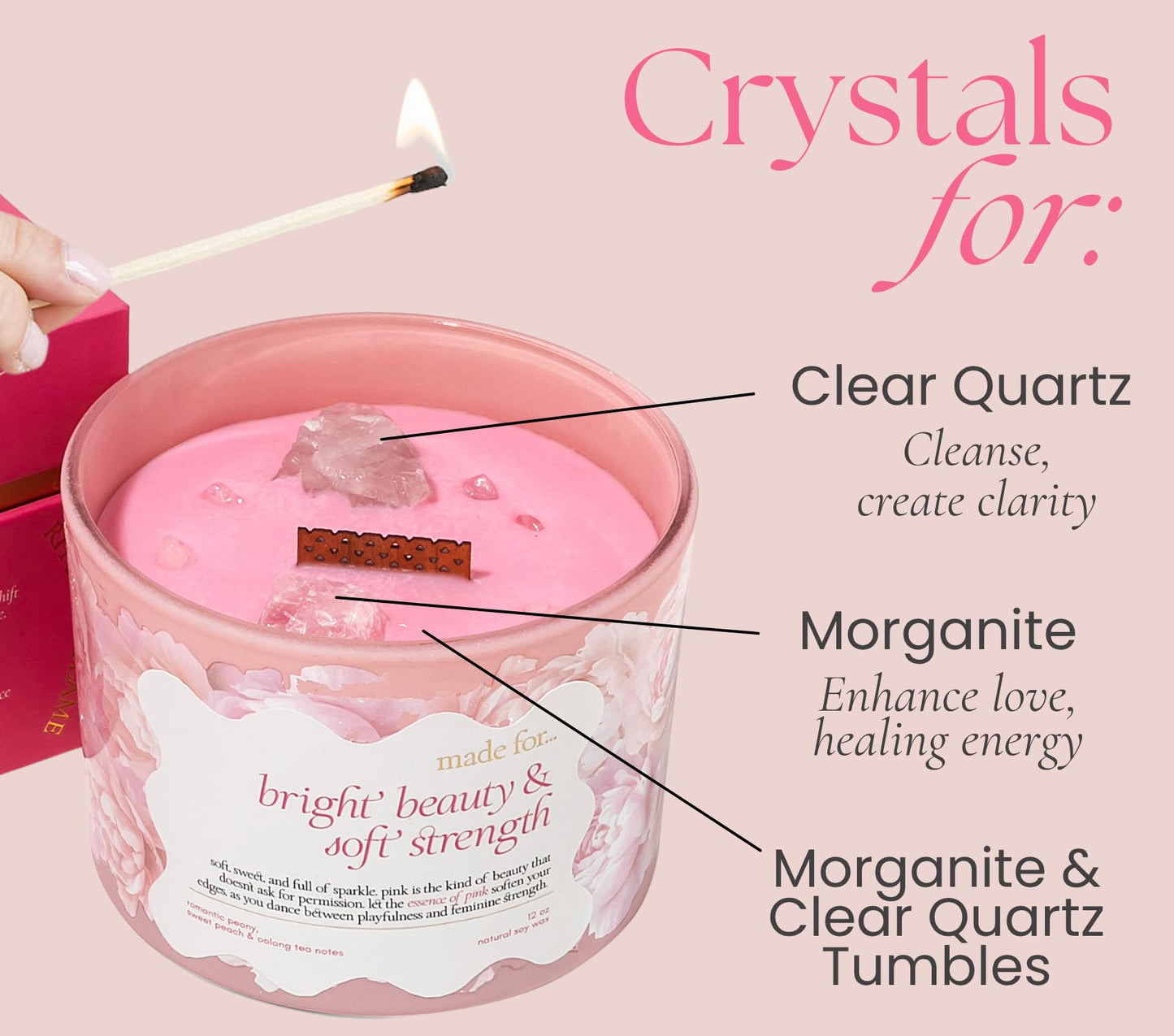 Pink Crystal Candle for Women – 12oz Large Luxury Soy Wax with Crackling Wood Wick, Slow Burn Meditation with Healing Crystals, Birthday or Mother’s Day Gift