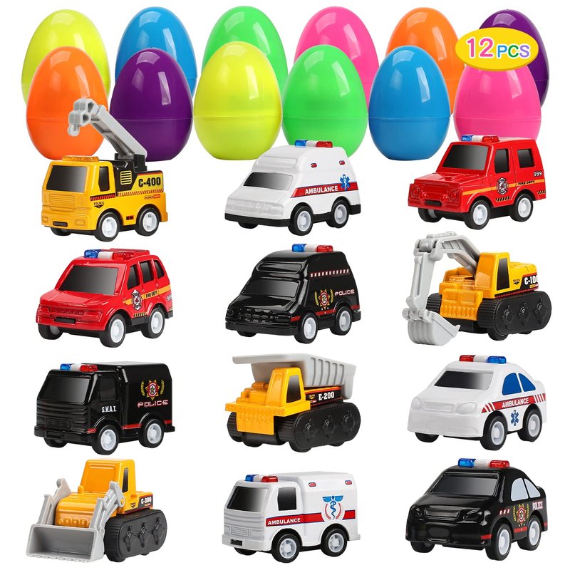 CUTE STONE 12 Pack Filled Easter Eggs with Alloy Pull Back Cars, Easter Basket Stuffers Easter Party Favors for Kids