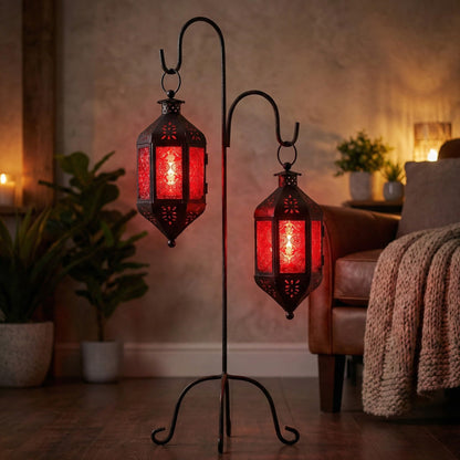 Vela Lanterns Hanging Moroccan Lamp - Exotic Decorative Patio & Porch Decor, Indoor Outdoor Tea Light Candle Lantern Holder with Chain (11" Medium, Red Glass)