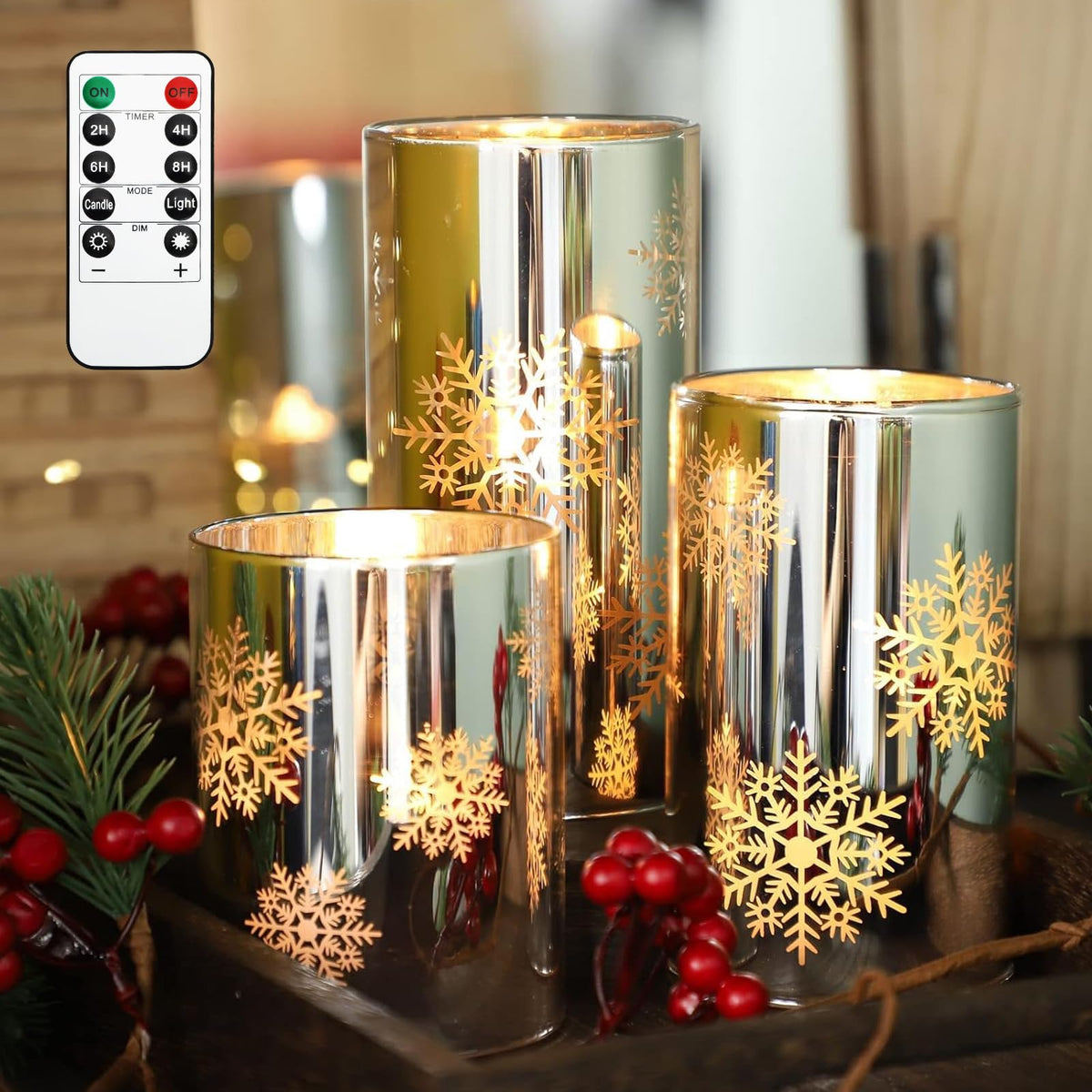 FLAVCHARM Snowflake LED Flameless Candles with Remote and Timer, Electroplate Glass Candles Operated by Battery, Christmas LED Flickering Candles Decoration for Bedroom, Party, Wedding