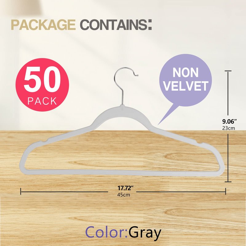 MOERKADA 50 Pack Ultra-Thin Plastic Clothes Hangers (17.7 Inch) - Space-Saving Slim Hangers with Non-Slip Grooves for Wardrobe, Closet & Dorm Organization (Grey)