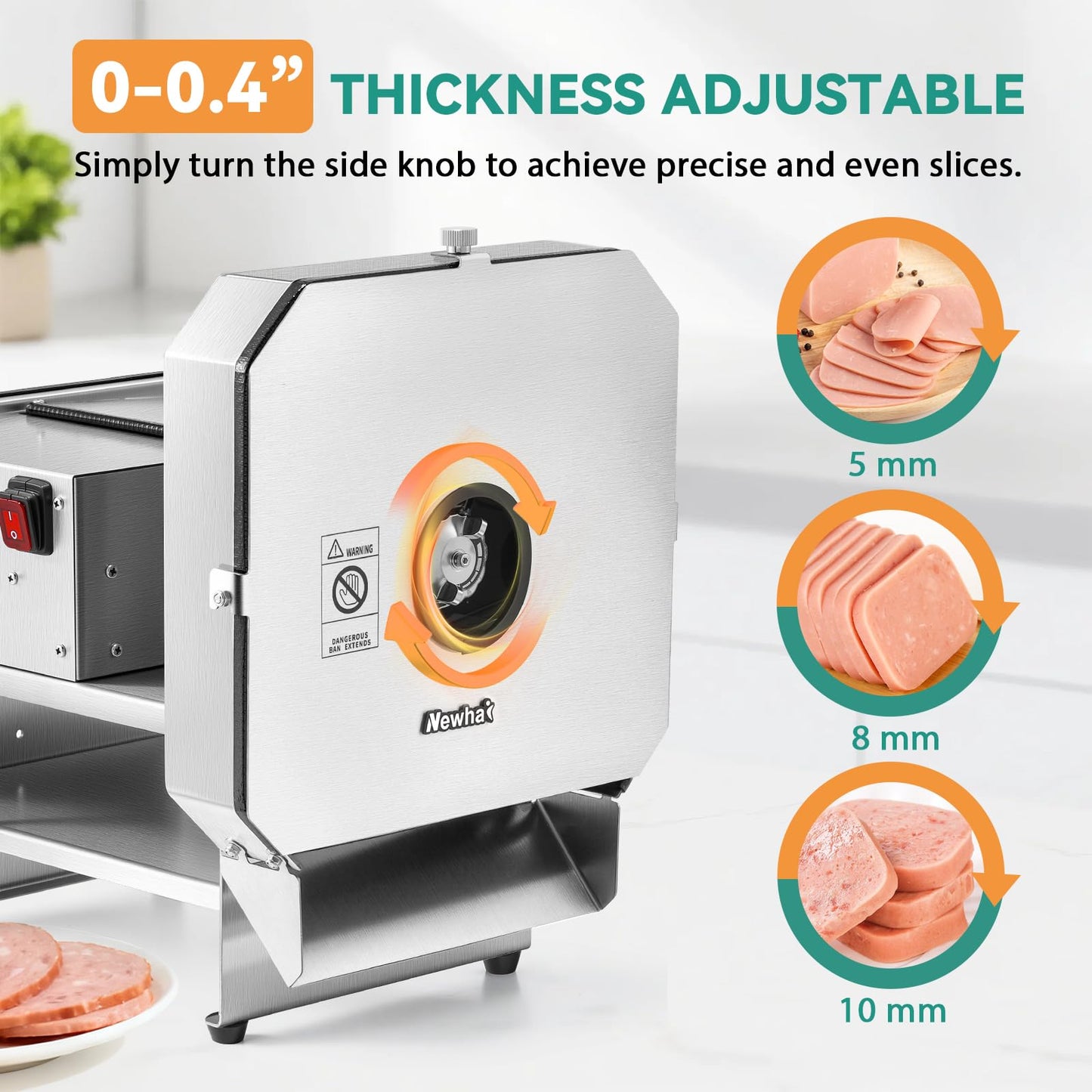 Newhai Commercial Deli Food Slicer Automatic Cooked Pork Beef Cutter Electric Vegetable & Fruit Slicing Machine 0-10mm Thickness Adjustable Commercial Block Cheese Cutter for Lunch Meat Ham Sauage