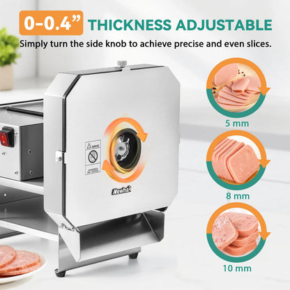 Newhai Commercial Deli Food Slicer Automatic Cooked Pork Beef Cutter Electric Vegetable & Fruit Slicing Machine 0-10mm Thickness Adjustable Commercial Block Cheese Cutter for Lunch Meat Ham Sauage