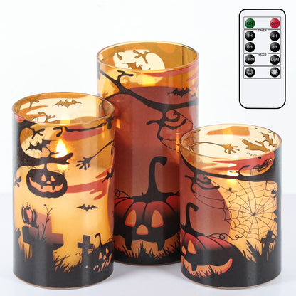 GenSwin Halloween Candles with Pumpkins, 3 Pack Flameless Candles with Remote Timer, Orange Pumpkin Glass Candles Battery Operated with Spiderweb, Halloween Spooky Indoor Decorations (D3” x H4”5”6”)