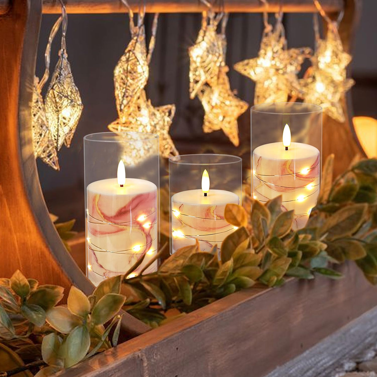 Flickering Flameless Candles Pink Marble Embedded Star String Lights, Battery Operated Acrylic LED Pillar Candles with 11-Key Remote and Timer for Home Decoration, 3 Pack
