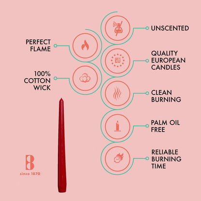 BOLSIUS Dark Red Taper Candles - 4 Pack Unscented 10 Inch Dinner Candle Set - 8 Hours Burn Time - Premium European Quality - Smokeless and Dripless Household Wedding, Spa, and Home Decor Candlesticks