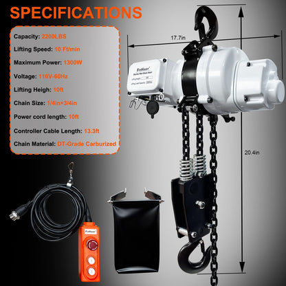 Electric Chain Hoist 2200lbs, 110V Electric Hoist, 10ft Lift Height, Single Phase Overhead Crane with Two 360° Rotatable, DT Grade Carburized Double Chain, for Garage Ceiling, Factories