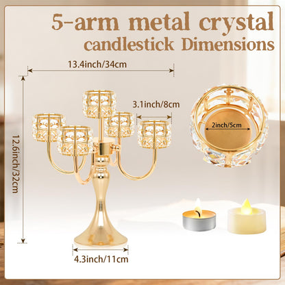 5 Arm Metal Crystal Candelabra Centerpiece - 13.4 Inch Elegant Candle Holder with Crystal Beads for Wedding Party Christmas Home Dining Table Decoration (2, Style-B-Gold)
