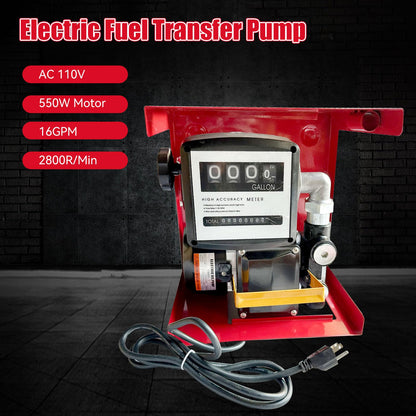 Electric Diesel Transfer Pump Kit - 110V, 550W, 16 GPM Electric Fuel Transfer Pump With Automatic Nozzle, Mechanical Fuel Meter, 13 Feet Dispensing Hose and 6.6 Feet Suction Hose