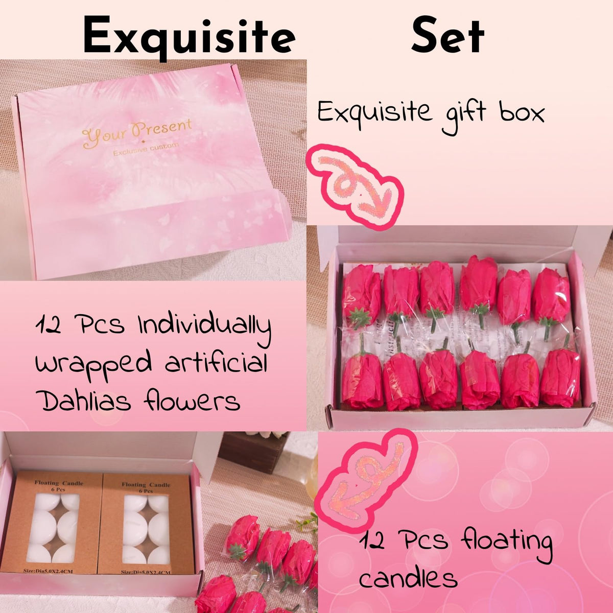 WPPNSY 24 Pcs Floating Candles for Centerpieces and Floating Flowers Artificial Flowers Head Vase Filler for Party Home Table Wedding Centerpieces Decoration (Pink)