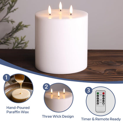 Eywamage White 3 Wick Flameless Pillar Candle Φ 6" H 6", Giant Real Wax Flickering LED Candle with Remote