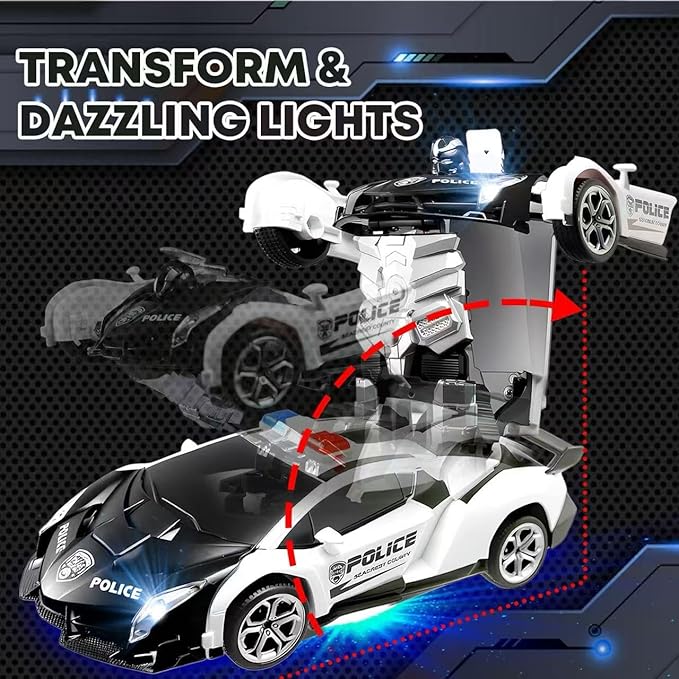 Transforming Remote Control Car Transform Robot Toys for Boys 3-8 Years Old Rechargeable RC Police Car with Lights 2.4Ghz Deformation 360° Rotating Race Kids Toys Easter Gifts