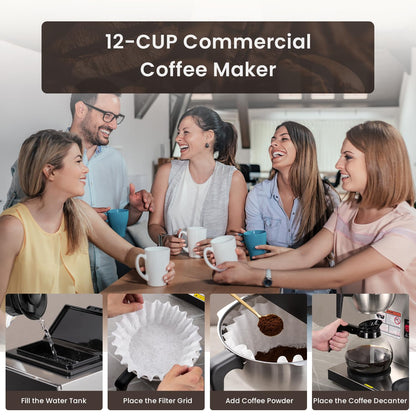 SYBO 12-Cup Commercial Coffee Maker, Pour Over Drip Coffee Maker Brewer with 3 Lower Warmers and 3 Glass Decanters, Stainless Steel Cafetera