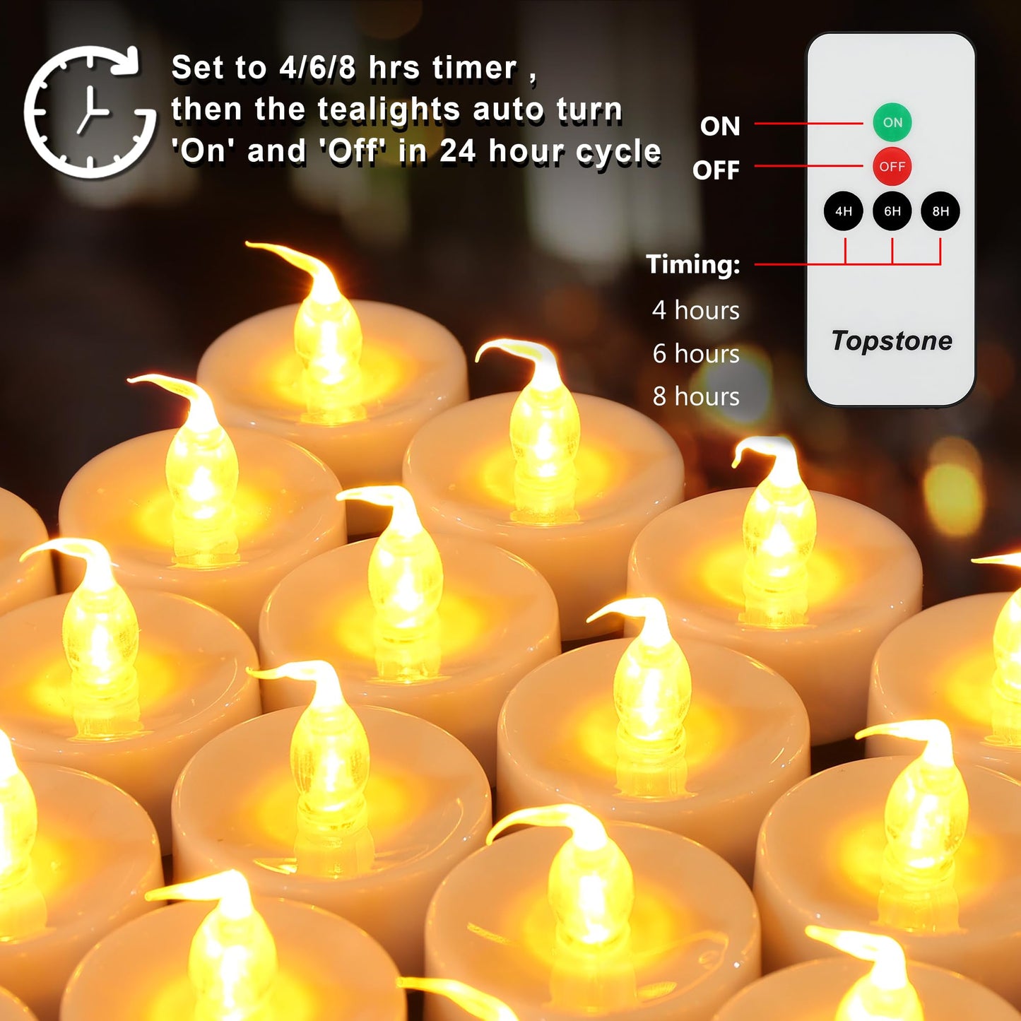 Topstone CR2450 Battery Operated Flickering Flameless Candles with Warm Yellow Light,Remote Control Timer Votives,Decorative LED Tealights,Best for Wedding and Festival Decoration,Pack of 12