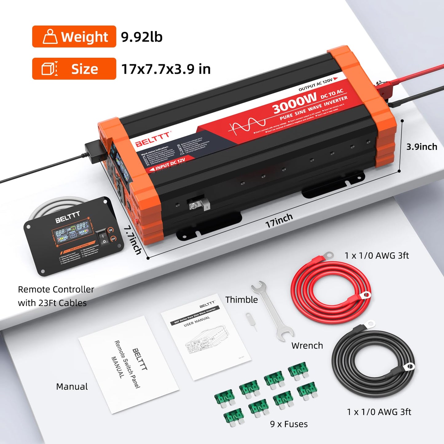 BELTTT 3000W Pure Sine Wave Inverter 12V DC to 120V AC for Solar, Off-Grid, RV, Truck, Home, Power Inverter with Dual AC, 20A Socket, 5V 2.1A USB, Hardwire Port, Remote Controller 23Ft Cable