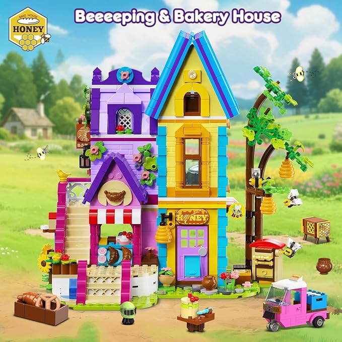 HOGOKIDS Beekeeping &amp Bakery House Building Toy with LED Light - 1084PCS Friends Girls Baking Building Set with Honey Workshop Pretend Play Birthday for Kid Girls Boys Ages 8-12+ Years