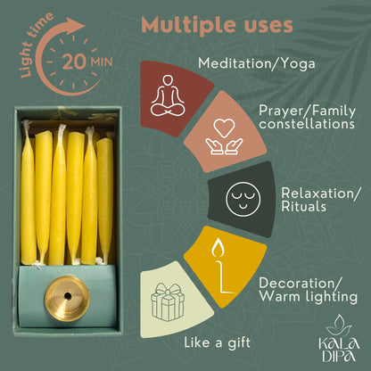 20 Minute Beeswax Meditation Candles – Set of 20 Mini Taper Candles with Brass Candle Holders, Dripless & Smokeless – Ritual, Yoga & Mindfulness Gift – KALA DIPA