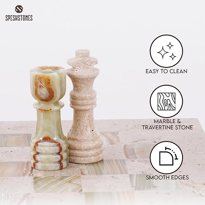 Marble Chess Set 12 Inch Handmade Travertine and Green Board Games for Adults with Storage Box Classic Table Chess Board with Pieces &amp 2 Extra Queens Gifts &amp Home Décor
