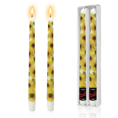 NJAO HOO Floral Candlesticks 10 in Straight Taper Candles Hand Printing Sunflower Candlesticks Floral Tall Tapered Candle for Home Garden Decor Simple Modern, 2Pcs