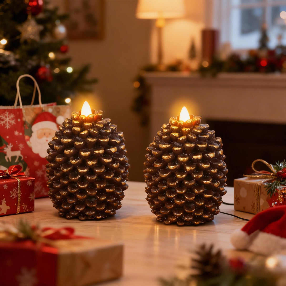 Eldnacele Christmas Flameless Candles with 6 Hour Timer, Battery Operated Hand Painted Pine Cone Real Wax 3D Wick Flickering LED Pillar Candles for Dinner Indoor Holiday Xmas Decor(2Pcs, D3×H5.7)