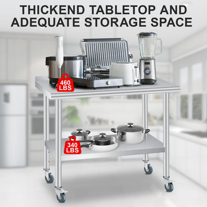 Stainless Steel Prep Table, 48 x 24 inches, with Backsplash & 4 Wheels, Adjustable Undershelf, Commercial Heavy Duty Table with Adjustable Under Shelf for Outdoor Use,Restaurants,Hotels,Works
