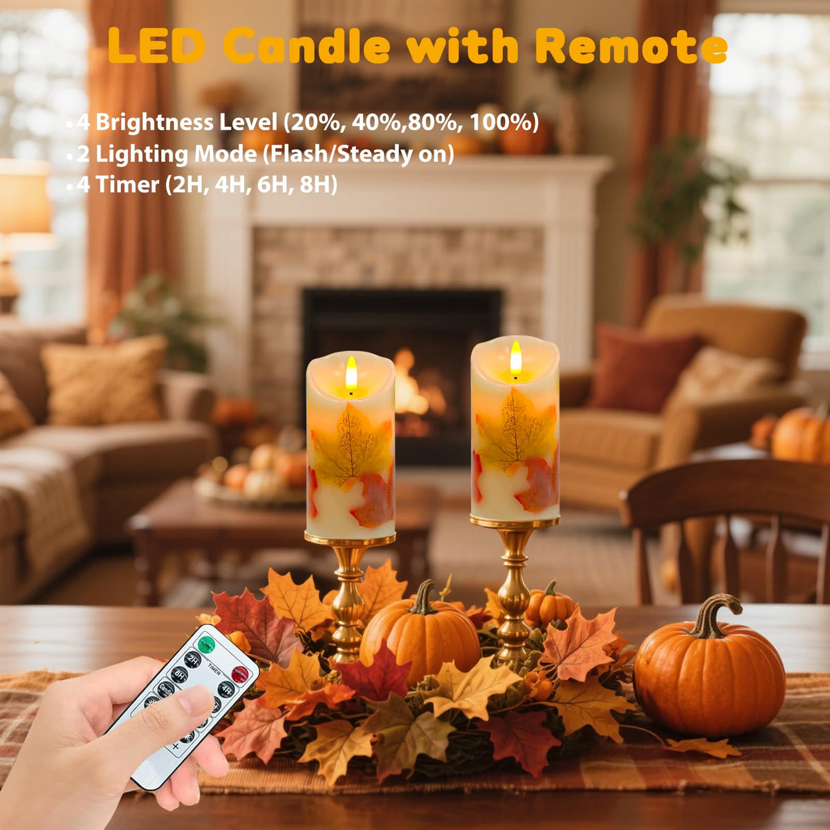 Flameless Candles Light, Set of 2 6"x3" Maple Leaf Flickering LED Candles with Remote & Timer, Dimmable Electric Pillar Candles Battery Operated, Fall Candles for Thanksgiving Harvest Autumn Decor