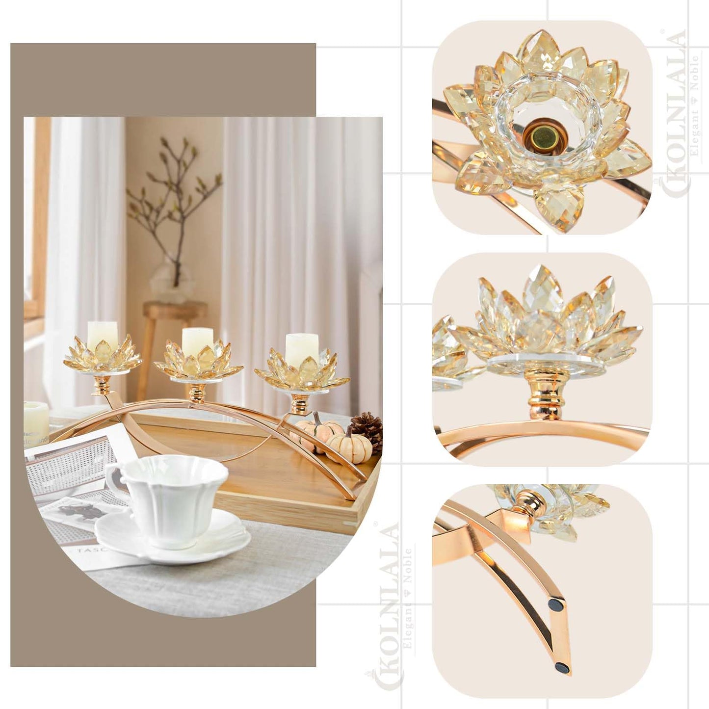 Tabletop Flower Crystal Candelabra with 3arm,Decorative Crystal Lotus Flower Candle Holder,Table Décor for Pillar candle1.5''(Gold)