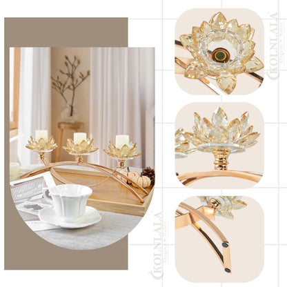 Tabletop Flower Crystal Candelabra with 3arm,Decorative Crystal Lotus Flower Candle Holder,Table Décor for Pillar candle1.5''(Gold)