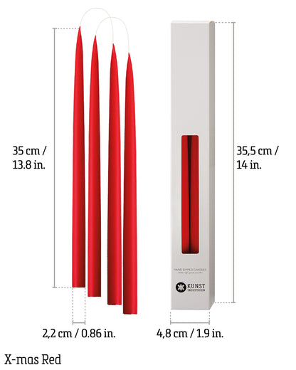 Kunstindustrien® Taper Candles, Set of 4, 13.8" – Made in Denmark, Long Burning Candles 15h, Unscented & Smokeless Candlesticks – Elegant Tall Candles for Weddings Dinners & Home Decor (Christmas Red)