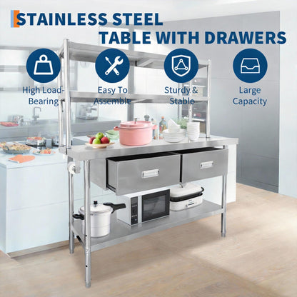 Stainless Steel Table with Overshelves and Drawers, 48" X 24" Heavy Duty Commercial Work & Prep Table with Adjustable Undershelf, Work Tables Workbench for Home Restaurant Kitchen Garage