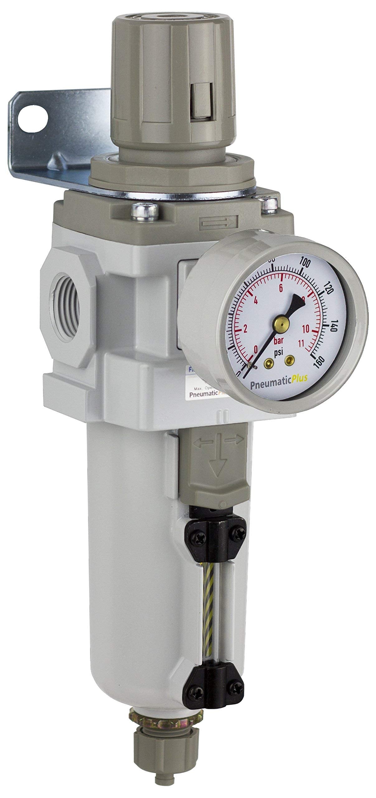 PneumaticPlus SAW400-N04BG-MEP Compressed Air Filter Regulator Piggyback Combo 1/2" NPT - Metal Bowl, Manual Drain, Bracket, Gauge