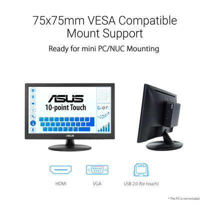 ASUS 15.6” 1080P Touch Monitor (VT169HE) - Full HD, 10-Point Touchscreen, IPS, Wide Viewing Angle, Frameless, Eye Care, Flicker Free, Low Blue Light, HDMI, Windows 11 Compliance, VESA Mountable