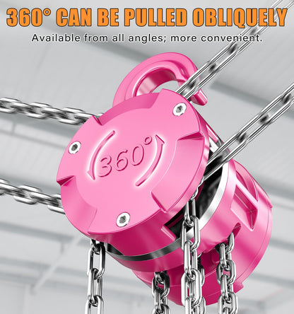 HUGOASIS Aluminum Alloy Hand Chain Hoist 2 Ton 4400lbs Capacity 10ft,Portable Dual Brake Chain Block with Galvanized Chain, 360° Swivel Hook for Garage Warehouse Construction, Workshop Lifting,Pink