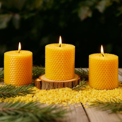 Beeswax Candle Set - 24 Pack 6H Tea Lights + 12 Pack 8H Taper Candles + 3 Pack Pillar Candles | Unscented Dripless Smokeless Clean Burning Long Lasting Candles