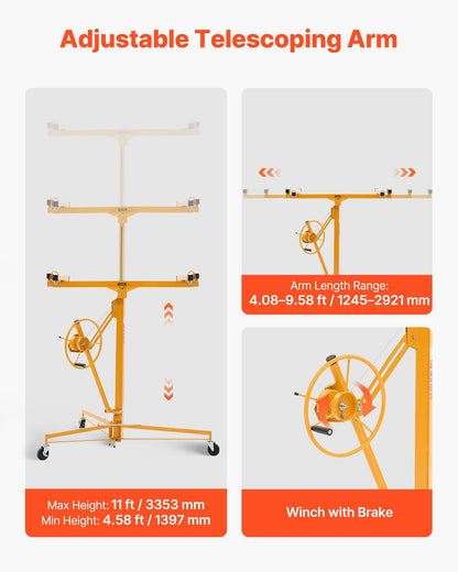 VEVOR 11ft Drywall Lift, Heavy-Duty 150 lbs Sheetrock Hoist with Adjustable Telescoping Arm, Lockable Wheels, Drywall Lifter Panel Jack Hoist Tools Ideal for Ceiling & Wall Installation (Yellow)
