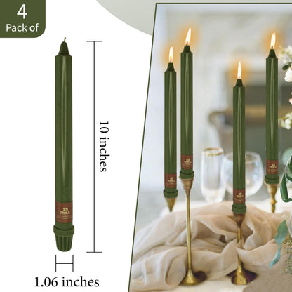 Olive Green Taper Candle 10 Inch Long Candlesticks Unscented Dripless Tapered Candle Set for Home Decor Wedding Party Dinner Candles, 4 Pack