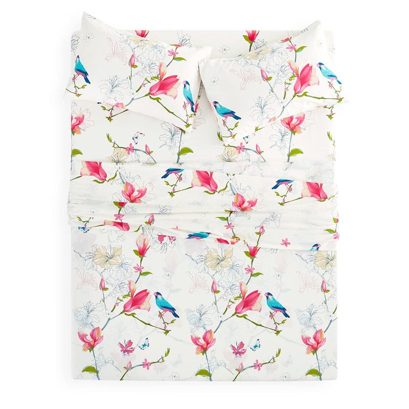 Wake In Cloud - Floral Bed Sheets, 100% Cotton, 4-Piece Sheet Set, Bird Patterned Printed Botanical Boho Flower Aesthetic Bedding, Deep Pocket, Pink Beige, King Size