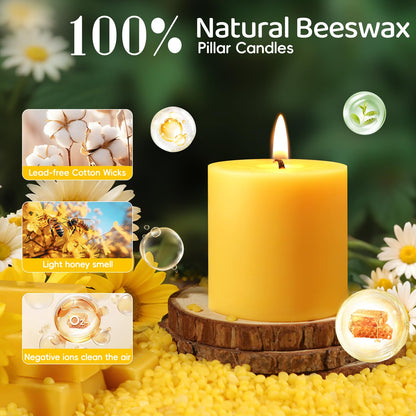 2 Pack Natural Beeswax Candles,88 Hours Long Burning-Bees Wax Candles for Home,100% Pure Beeswax Pillar Candle for Emergency,Paryer,Parties,Unscented Dripless Smokeless Pillar Candle Bulk 2.8x3in