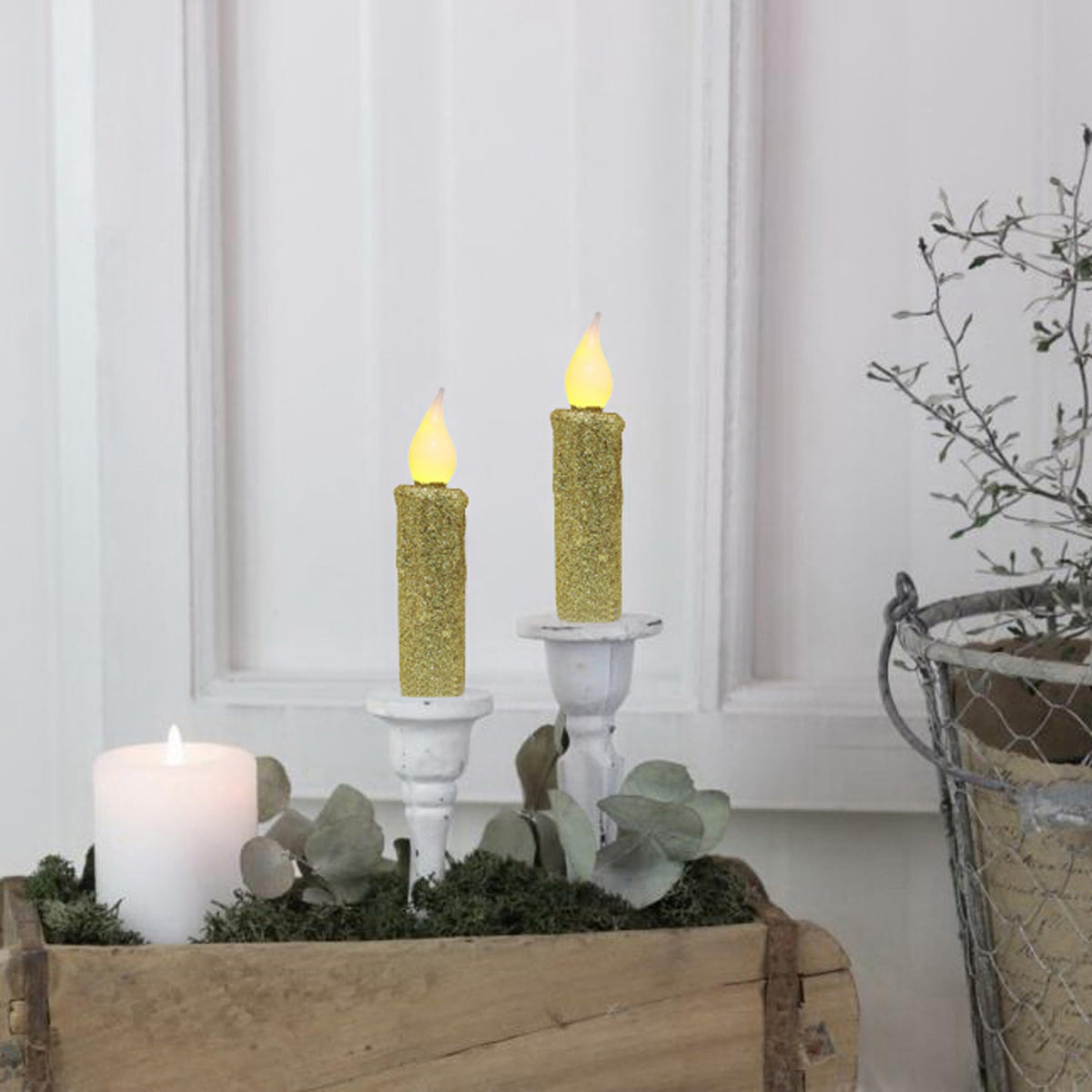 CVHOMEDECO. Glitter Flameless Candles Flickering Battery Operated LED Taper Candles with Timer for Home, Wedding, Halloween, Christmas Decor. Gold, 4-3/4 Inch, Set of 6